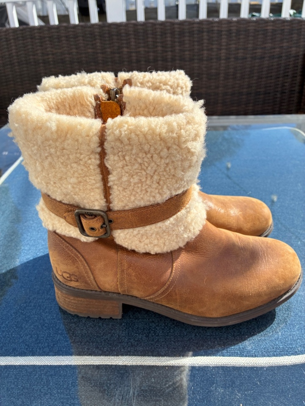 UGG Chestnut Shearling Cuff Leather Ankle Boots